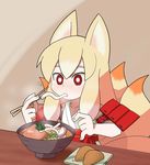  aburaage animal_ears blonde_hair chopsticks eating food fox_ears hora_(hora06) inarizushi kitsune_udon multiple_tails ninetales personification pokemon red_eyes solo sushi tail udon 