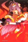  armor bomi fire headband highres long_hair naginata polearm purple_eyes purple_hair rance_(series) sengoku_rance senhime solo weapon 