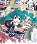  aqua_eyes aqua_hair bad_id bad_pixiv_id barefoot blonde_hair bug butterfly car ground_vehicle hair_ornament hair_ribbon hairclip hatsune_miku insect kagamine_rin long_hair motor_vehicle multiple_girls musical_note ponytail ribbon short_hair shuku sitting smile speaker twintails vocaloid yellow_eyes 