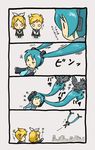  &gt;_&lt; 2girls 4koma bird chibi closed_eyes comic hair_pull hatsune_miku kagamine_len kagamine_rin long_hair multiple_girls o_o shimota translated twintails very_long_hair vocaloid |_| 