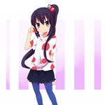  black_hair blue_legwear brown_eyes food fruit holding holding_food holding_fruit k-on! kanikama listen!! long_hair looking_at_viewer nakano_azusa pantyhose polka_dot ponytail side_ponytail smile solo strawberry 