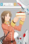  aperture_science_handheld_portal_device brown_eyes brown_hair cake cake_core candle chell food glados good_end jumpsuit pastry portal portal_(series) solo spoilers turret_(portal) yana_yana 