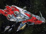  choujikuu_yousai_macross epic fortress ghost_drone macross mecha miyatake_kazutaka no_humans oldschool production_art qf-3000e robot science_fiction sdf-2_megaroad-01 space space_craft star_(sky) traditional_media vf-1_super 