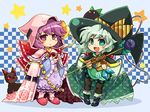  alternate_costume cat eyes green_eyes green_hair hairband hat heart heart_of_string hood kaenbyou_rin kaenbyou_rin_(cat) komeiji_koishi komeiji_satori multiple_girls pixel_art pote_(ptkan) purple_eyes purple_hair reiuji_utsuho reiuji_utsuho_(bird) staff touhou witch_hat 