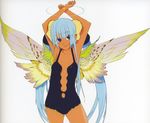  blue_eyes blue_hair dark_skin halo okama original solo wings 