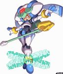  anklet bracelet crop_top elbow_gloves gloves glowing green_hair helmet jewelry long_hair makoto_yabe official_art open_mouth outstretched_arms pandora_(rockman) red_eyes robot rockman rockman_zx simple_background solo spread_arms staff standing thighhighs third-party_edit third-party_watermark watermark 