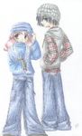  artist_request bishoujo_senshi_sailor_moon chibi_usa denim hat jeans long_sleeves multiple_girls pants simple_background sweater tomoe_hotaru traditional_media white_background 