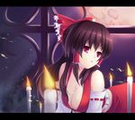  bad_id bad_pixiv_id bare_shoulders breasts brown_hair candle cleavage detached_sleeves full_moon hair_ornament hair_ribbon hakurei_reimu large_breasts lips long_hair moon red_eyes red_moon ribbon sad solo touhou window yuki_(rose_snow) 