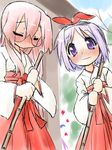  blush broom glasses hair_ribbon heart hiiragi_tsukasa japanese_clothes kogaku_kazuya lucky_star miko multiple_girls pink_hair purple_eyes purple_hair ribbon takara_miyuki 