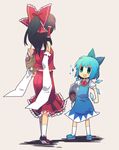  aqua_hair black_hair blue_eyes blue_hair bow cirno commentary detached_sleeves fish gradient_hair hair_bow hakurei_reimu long_hair multicolored_hair multiple_girls ribbon short_hair touhou yuzuki_gao 