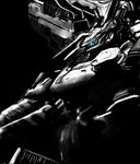  armored_core armored_core:_for_answer from_software highres mecha monochrome no_humans solo spot_color white_glint 