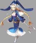  anmi belt blonde_hair braid breasts cleavage cross fantasy green_eyes hat highres hobble_dress jewelry loose_belt medium_breasts necklace original rpg_maker rpg_maker_ds simple_background solo staff twin_braids twintails 