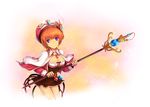  atelier_(series) atelier_rorona blue_eyes breasts brown_dress cleavage dress hat kara_(color) large_breasts orange_background orange_hair polearm rororina_fryxell short_hair skirt solo staff weapon 