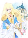  agahari androgynous blonde_hair blue_eyes castle curly_hair epaulettes flower long_hair oscar_francois_de_jarjayes reverse_trap rose solo sword versailles_no_bara weapon 