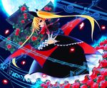  bad_id bad_pixiv_id blazblue blonde_hair bow cross dress fingernails flower frills hair_ribbon kabe_(ryuryuta) long_fingernails long_hair looking_back magic_circle moon purple_eyes rachel_alucard red_bow ribbon rose solo twintails 