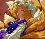  blonde_hair fox_tail hands_in_opposite_sleeves hat multiple_tails one_eye_closed shibasaki_shouji short_hair solo tail touhou yakumo_ran yellow_eyes 