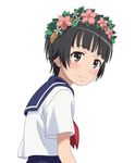  black_hair brown_eyes face flower hair_flower hair_ornament head_wreath highres sakugawa_school_uniform school_uniform serafuku short_hair skirt smile_(rz) solo to_aru_kagaku_no_railgun to_aru_majutsu_no_index uiharu_kazari 