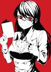  attsun_(atsushi_jb) bad_id bad_pixiv_id book breasts cleavage glasses hair_ornament hairclip houzuki_yuuno jewelry kure-nai large_breasts long_hair monochrome necklace over-rim_eyewear red red_background red_eyes semi-rimless_eyewear solo spot_color teacher wand 