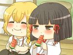  black_hair blonde_hair blush braid brown_eyes chibi child closed_eyes eating food food_on_face fruit hakurei_reimu holding holding_food holding_fruit japanese_clothes kirisame_marisa miko multiple_girls short_hair shuiro touhou watermelon younger 