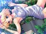  alice_margatroid armpits blonde_hair blue_eyes blush book breasts covered_nipples hairband ichio large_breasts lying one-piece_swimsuit ribbon school_swimsuit see-through shiny shiny_clothes short_hair solo swimsuit touhou water wet wet_clothes white_school_swimsuit white_swimsuit 