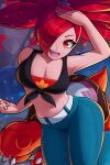  1girl absurdres arm_up armpits artist_name axlhearts breasts cleavage crop_top denim eyes_visible_through_hair flannery_(pokemon) hair_over_one_eye highres jeans looking_at_viewer medium_breasts navel pants pokemon pokemon_rse ponytail red_eyes red_hair smile solo torkoal 