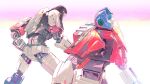  2boys blue_eyes blue_sclera colored_sclera d-16 d-16_(transformers_one) from_side highres humanoid_robot juicer113 looking_at_animal male_focus mecha mecha_focus multiple_boys orion_pax orion_pax_(transformers_one) red_sclera robot simple_background transformers transformers_one white_background yellow_eyes 