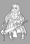 2025 3_toes absurd_res anthro arm_armor armor asymmetrical_armor belt breasts candle candle_wax candlestick clothed clothing digital_drawing_(artwork) digital_media_(artwork) ears_down facial_tuft feet female fire flaming_sword floppy_ears fur gaiusverse hand_on_hip hi_res lady_astrid_(snoutless) lagomorph looking_at_viewer lop_ears mammal melee_weapon monochrome nun_habit nun_outfit pivoted_ears religious_clothing scut_tail short_tail slit_dress smile snoutless solo standing sword tail teeth toes topwear tuft unusual_weapon weapon