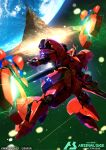  axis_(gundam) bandai battle beam_cannon char's_counterattack commentary_request electricity energy energy_beam energy_cannon explosion funnels_(gundam) glowing green_eyes gundam gundam_arsenal_base lens_flare machinery mecha mecha_focus mobile_suit no_humans official_art one-eyed robot sazabi sazabi_(msn-04ff) science_fiction serike_w shield space thrusters title zero_gravity 