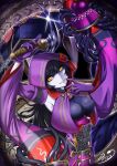  1girl armpits arms_up black_hair breasts chain duel_monster dyuo grin highres holding_sickle japanese_clothes kimono lamia large_breasts looking_at_viewer monster_girl pale_skin purple_hood purple_kimono ragnaraika_chain_coils smile solo yellow_eyes yu-gi-oh! 