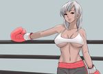  bikini_top boxing boxing_gloves boxing_ring breasts dark_skin large_breasts shorts smile white_hair 