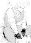  1boy absurdres alessandro_di_cagliostro_(fate) closed_mouth collared_shirt dress_pants fate/grand_order fate_(series) forearms gloves goat greyscale highres holding_sickle k_ruc long_hair looking_at_viewer male_focus monochrome notice_lines ringed_eyes shirt sickle sleeves_rolled_up smile solo speech_bubble squatting toned toned_male vest weeding 