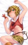  animal_print arm_up armpits bad_id bad_pixiv_id black_hair blonde_hair blush breasts brown_hair face green_eyes kurione_(zassou) lying medium_breasts midriff multicolored_hair navel on_side short_hair skirt solo tears tiger_print toramaru_shou touhou two-tone_hair underboob 