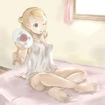  bad_id bad_pixiv_id bare_shoulders barefoot bed blonde_hair blue_eyes bottomless breasts cleavage collarbone curtains double_bun fan feet highres indian_style indoors large_breasts lingerie long_hair no_pants on_bed one_eye_closed open_mouth original paper_fan shirt sitting soles solo strap_slip sweatdrop t-shirt toes uchiwa underwear window yuzu-p 
