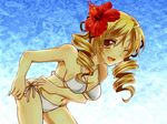  bad_id bad_pixiv_id bikini blonde_hair breasts drill_hair flower hair_flower hair_ornament hibiscus long_hair mahou_shoujo_madoka_magica medium_breasts momo_minta one_eye_closed side-tie_bikini smile solo swimsuit tomoe_mami twin_drills twintails wet yellow_eyes 