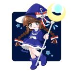  1girl anchor_hat_ornament artist_name blue_bow blue_footwear blue_hat blue_sailor_collar blue_serafuku blue_skirt blunt_bangs boots bow braid bright_pupils brown_hair chinese_commentary frilled_skirt frills funamusea grey_eyes hat hat_bow hat_ornament highres holding holding_staff kumakuma_(kumakum48893775) long_hair multicolored_bow neckerchief oounabara_to_wadanohara open_mouth pointy_ears red_bow sailor_collar school_uniform serafuku sidelocks skirt solo staff star_(symbol) teeth transparent_background twin_braids upper_teeth_only wadanohara white_bow white_neckerchief white_pupils witch_hat 