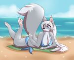  big_breasts bikini blue blue_eyes breasts canine clothed clothing cloud clouds female fox fur fyxe fyxe_(artist) grey_fur lying mammal ocean on_front outside sand sea seaside silver_fox skimpy sliver_fox solo swimsuit tight_clothing towel water 