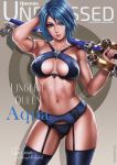  1girl aqua_(kingdom_hearts) arm_behind_head armband armpits artist_name biceps blue_bra blue_eyes blue_hair blue_panties bra breasts cleavage collarbone cover dandon_fuga garter_belt garter_straps gluteal_fold grey_background heart highres keyblade kingdom_hearts kingdom_hearts_birth_by_sleep lingerie looking_at_viewer magazine_cover medium_breasts navel over_shoulder panties pinup short_hair simple_background smile solo standing stomach thigh_gap thighhighs toned underwear weapon weapon_over_shoulder 