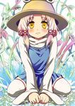  :t blonde_hair blue_door blue_dress blush dress hair_ribbon hat long_sleeves moriya_suwako plant pout ribbon sitting solo thighhighs touhou v_arms vines white_legwear yellow_eyes zettai_ryouiki 