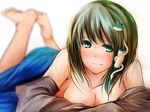  bare_legs bare_shoulders barefoot biting blush breasts cleavage face frog green_eyes green_hair hair_ornament highres kochiya_sanae legs_up lip_biting lying medium_breasts metalwasabi on_stomach open_clothes open_shirt shirt skirt smile snake solo touhou 