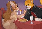  alcohol anthro beverage blush candle canid canine canis clothing ear_piercing ear_ring eyes_closed food green_eyes joojoo lagomorph mammal pasta piercing rabbit restaurant romantic sitting spaghetti table tongue tongue_out wine wolf 