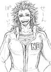  cross del_(logicallogos) dorohedoro earrings greyscale inverted_cross jewelry monochrome noi_(dorohedoro) open_mouth sketch smile solo 