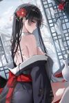  1girl absurdres back_tattoo bare_shoulders black_hair blue_archive blush breasts ear_ornament flower hair_flower hair_ornament highres japanese_clothes large_breasts long_hair looking_at_viewer looking_to_the_side off_shoulder plant_tattoo red_eyes red_flower rio_(blue_archive) sitting snow snowing solo tattoo thighs tree vase very_long_hair winter yam_s2 