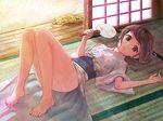  bad_id bad_pixiv_id barefoot black_eyes brown_hair cat fan feet japanese_clothes legs long_hair lying original paper_fan piroaki solo tatami uchiwa 