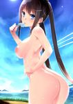  amasora_taichi ass black_hair blue_eyes blue_sky blush body_blush breasts cloud day eating food hand_on_hip long_hair looking_back medium_breasts nipples nude original popsicle sky solo sweat twintails water wet 