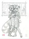  bear black_and_white chinese_clothing chopsticks couple cute eating feeding female food greyscale kacey lesbian mammal monochrome noodles panda red_panda romantic sketch standing 