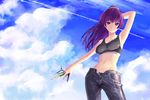  arm_up armpits bad_id bad_pixiv_id bakemonogatari boxcutter breasts cloud collarbone compass day long_hair medium_breasts midriff monogatari_(series) navel ponytail purple_eyes purple_hair senjougahara_hitagi sky smile solo sports_bra stapler stationery tonoimo unzipped 