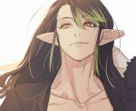 1boy black_dress closed_mouth collarbone commentary_request dress eyeshadow gloves gradient_hair green_eyeshadow green_lips hair_between_eyes hair_down hanabatake_chaika hanabatake_chaika_(1st_costume) hand_up long_hair makeup male_focus multicolored_eyeshadow multicolored_hair nijisanji orange_eyes parted_bangs pointy_ears red_eyeshadow shippaiderman sidelocks simple_background smile solo upper_body virtual_youtuber white_background white_gloves 