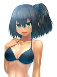  :d absurdres bikini blush body_blush breasts brown_hair collarbone fang green_eyes hand_on_own_chest highres medium_breasts open_mouth original ponytail simple_background smile solo swimsuit tan tanline vixen_(stinger) 