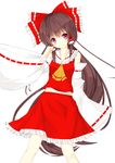  ascot blush bow brown_hair detached_sleeves hair_bow hair_tubes hakurei_reimu highres long_hair midriff navel niboss red_eyes skirt solo touhou very_long_hair 