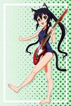  animal_ears barefoot black_hair brown_eyes cat_ears feet guitar instrument k-on! long_hair nakano_azusa p-crush school_swimsuit solo swimsuit twintails 